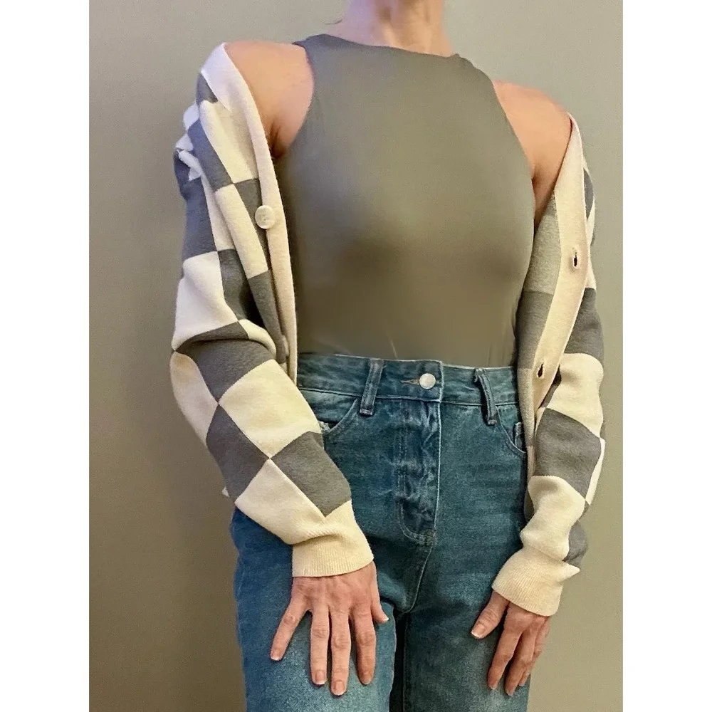 Willow‎ And Wind XS Checkered Cardigan Ivory/grey. Valentine's Girly Slay Crop - Picture 2 of 16
